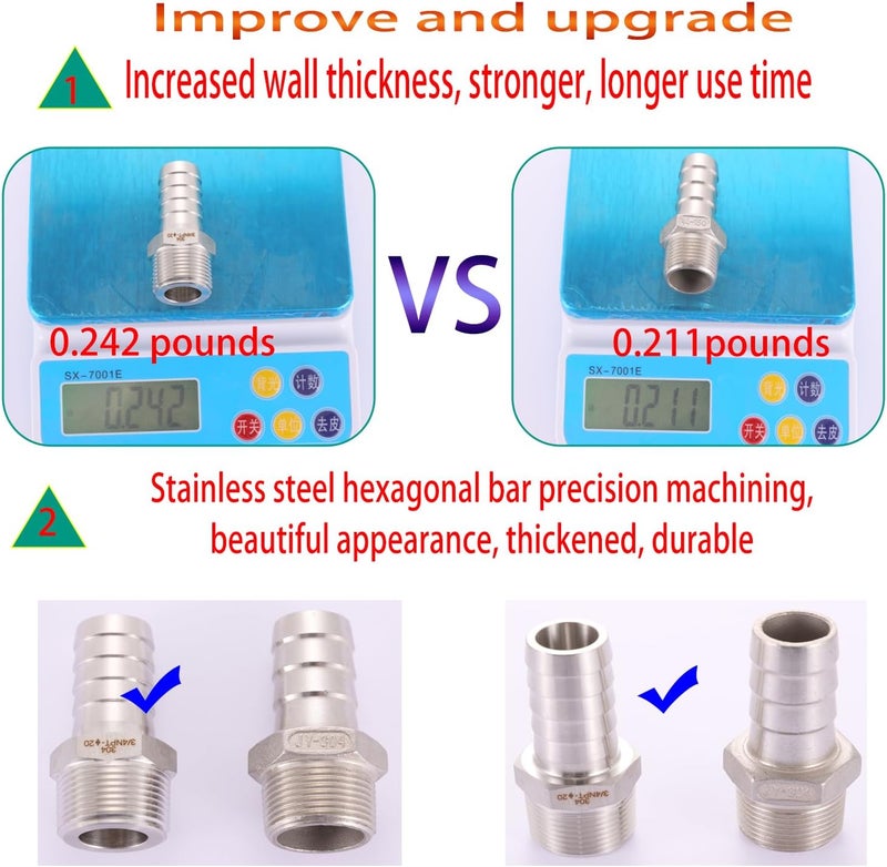 CbeeSo 304 Stainless Steel 3/4" Hose Barb to 3/4" Male NPT Home Brew Fitting Water Fuel Air， lead-free (Pack of 2) - Image 3